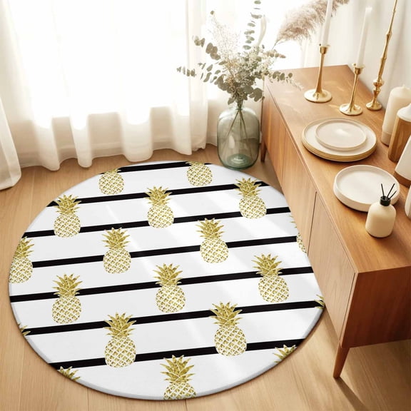 Summer Gold Pineapple Black White Stripes Round Area Rug 3ft,Living Room Rug Non-Slip Washable Circle Rugs Pad,Tropical Fruit Seamless Soft Floor Carpet for Bedroom Dining Room