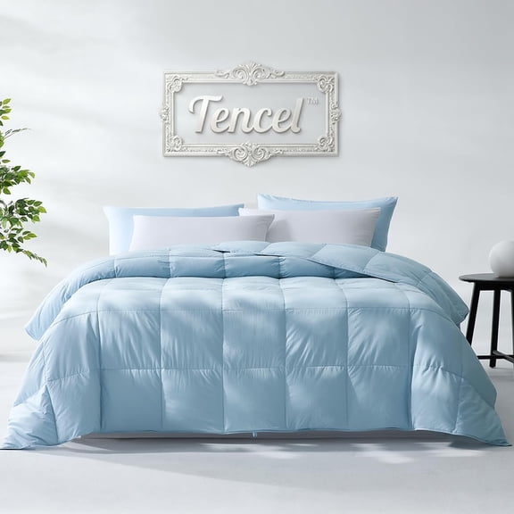 Summer Goose and Down Fiber Comforter Size, Breathable Duvet Insert for Summer and Hot Sleepers, Cooling Tencel Lyocell Shell, 8 Corner Tabs, Sky Blue, 68x90