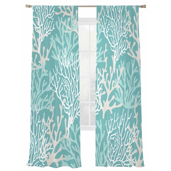 Summer Gradient Sheer Curtains 84 Inch Long 2 Panels, Teal Ocean Coral Coastal Light Filtering Rod Pocket Curtains, Sheer Voile Drapes for Living Room Bedroom, 52"x84"