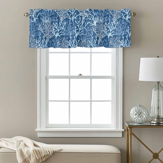 Summer Gradient Window Valance for Kitchen, Dark Blue Ocean Coral Coastal Rod Pocket Short Curtain for Small Windows, Light Filtering Decorative Valance, 56 x 16 Inch, 1 Panel