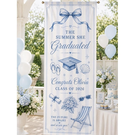 Summer Graduation Satin Fabric Banner, Custom Class Of 2026 Welcome Sign, Coastal Grad Party Backdrop