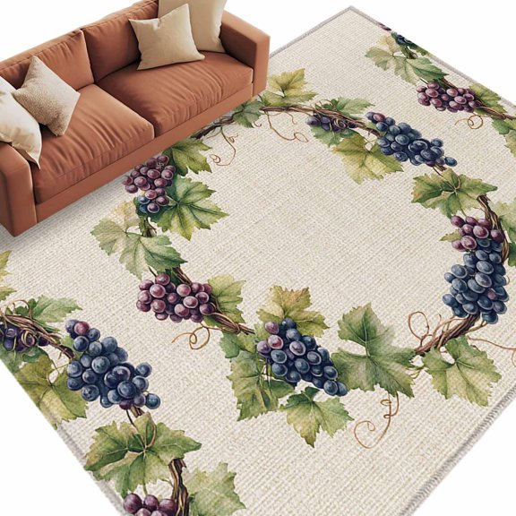 Summer Grape Wreath Area Rug 5x8ft Retro Watercolor Purple Grapes Green Leaf Linen Non-Slip Washable Square Rugs Soft Felt Indoor Floor Mat for Bedroom Kitchen Living Room Bathroom