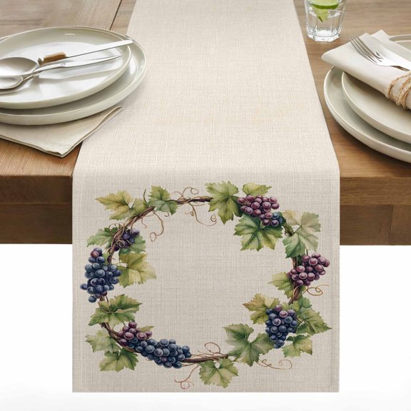 Summer Grape Wreath Cotton Linen Table Runner Retro Watercolor Purple Grapes Green Leaf Linen Dining Table Runners for Home Decor Party Dining Room Restaurant Kitchen 13" x 72"