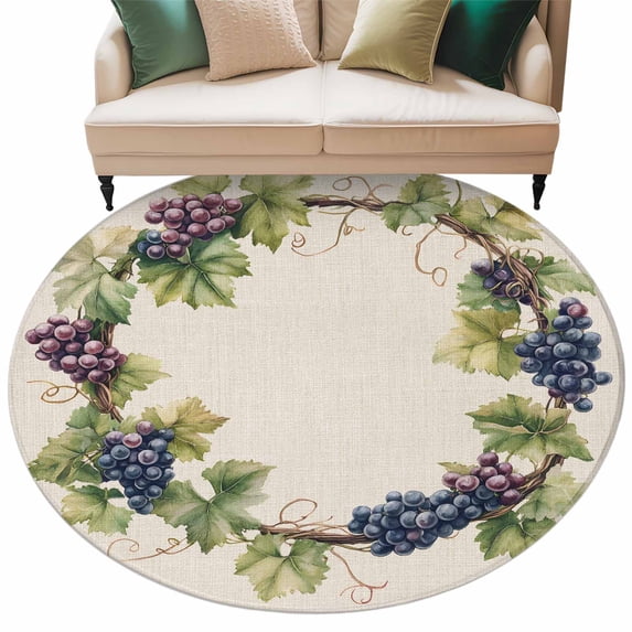 Summer Grape Wreath Round Area Rug 8ft Retro Watercolor Purple Grapes Green Leaf Linen Non-Slip Washable Circle Rugs Soft Felt Indoor Floor Mat for Bedroom Kitchen Living Room Bathroom