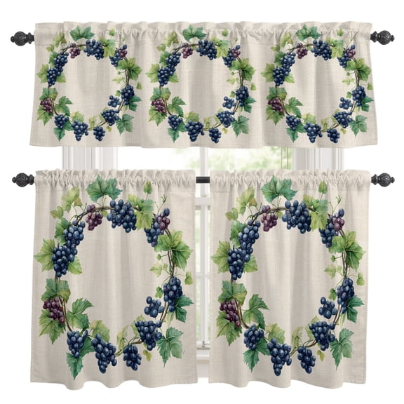 Summer Grapes Wreath Kitchen Curtains Set for Windows, Retro Watercolor Purple Grapes Green Leaf Linen Curtains Valance and Tier 3 Piece Set Small Drapes 24 Inch Length for Kitchen Bedroom Decor