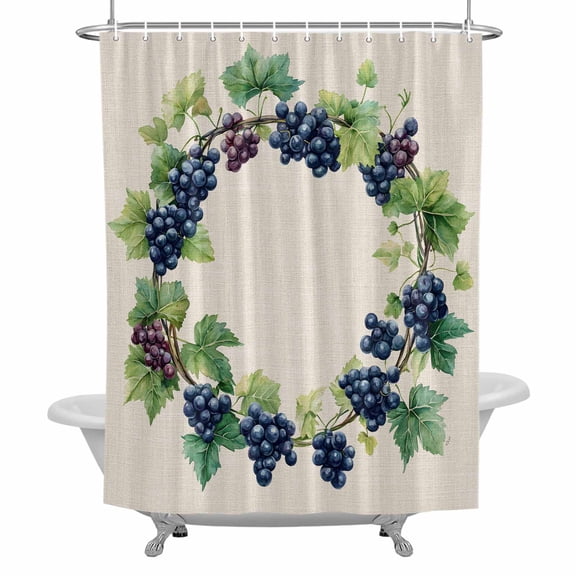 Summer Grapes Wreath Shower Curtain for Bathroom, Retro Watercolor Purple Grapes Green Leaf Linen Waterproof Cloth Fabric Bathroom Accessories Set with 12 Rust Proof Plastic Hooks, 72"x72"