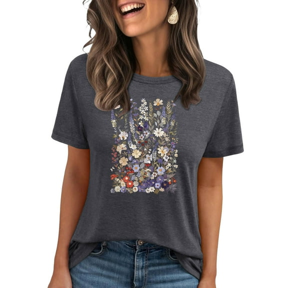 Summer Graphic Tees for Women Women's Vintage Flowers Shirts Casual Boho Floral Printed T-Shirts Sunflower Wildflowers Pattern Short Sleeve Tops for Girls