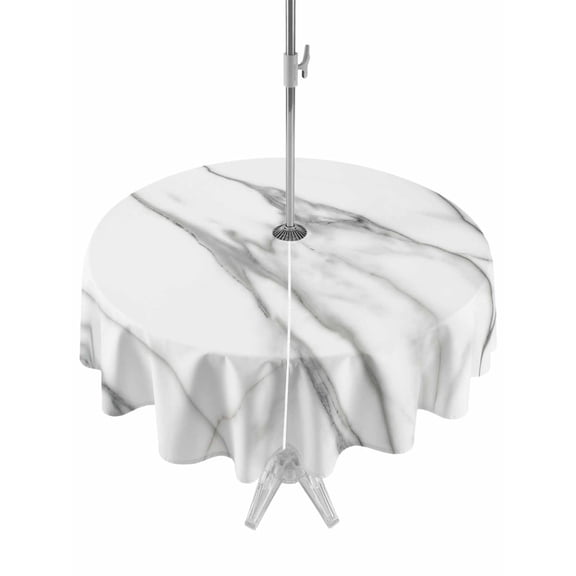 Summer Gray Marble Round Outdoor Tablecloth with Umbrella Hole Modern Simple Line Theme 54 Inch Round Waterproof Table Cover Zippered Table Cloth for Garden Patio