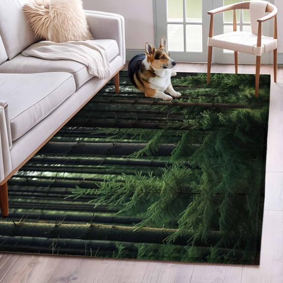Summer Green 2.7x5 Rug for Office Desk Chair Area Small Bedroom, Forest Pine Trees Washable Non Slip Rectangle Area Rug