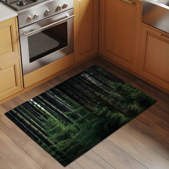 Summer Green 2x3 Rug for Entryway Front Door Kitchen Sink Area, Forest Pine Trees Low Pile Washable Non Slip Rectangle Area Rug