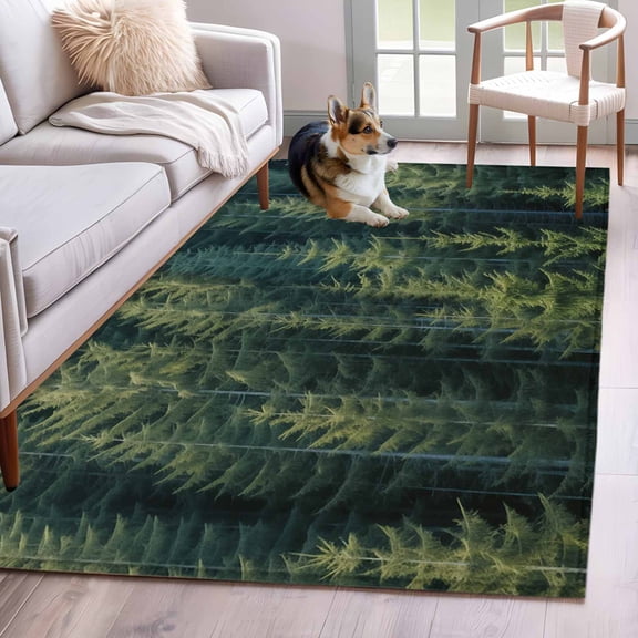 Summer Green 4x6 Area Rugs for Living Room, Pine Trees Forest Non Slip Floor Mat Washable Low-Profile Indoor Carpet for Bedroom, Dining Room, Bathroom