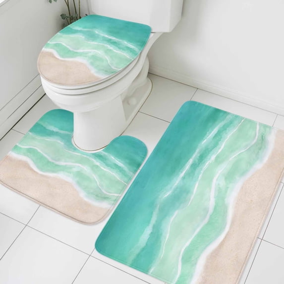 Summer Green Beach Bathroom Rugs Set Coastal Nautical Watercolor Gradient Ocean Wave Non Slip Absorbent Soft Bath Mats 3 Piece Set with Bathroom Rug, U-Shaped Floor Mat, Toilet Seat Cover Small Size