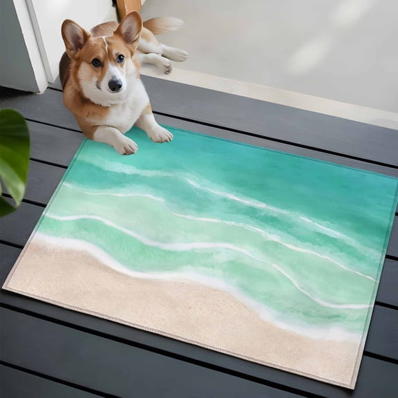 Summer Green Beach Front Door Rugs 2x3 ft Coastal Nautical Watercolor Gradient Ocean Wave Small Rug for Entryway Non Slip Washable Bathroom Door Mat Absorbent Floor Mat for Indoor Entrance