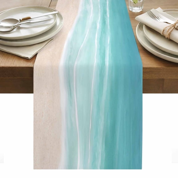Summer Green Beach Table Runner Coastal Nautical Watercolor Gradient Ocean Waves Table Runners Dresser Scarves Holiday Kitchen Dining Table Decoration for Home Party Indoor 13x72 Inch