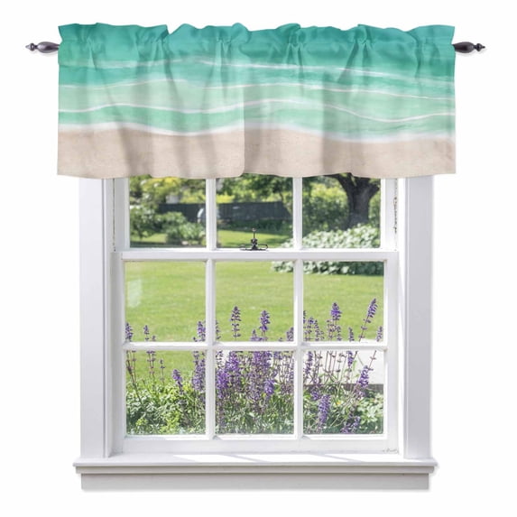 Summer Green Beach Valance Curtain for Windows Coastal Nautical Watercolor Gradient Ocean Wave Rod Pocket Curtain Valances Short Window Treatments for Kitchen Bathroom Laundry Basement 42 x 12 Inch
