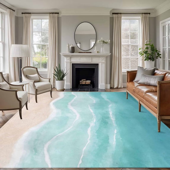 Summer Green Beach Washable Living Room Rugs 6'x9', Coastal Nautical Watercolor Gradient Ocean Waves Low Pile Throw Large Area Rug Non-Slip Sturdy Edge Binding Carpet for Dining Room Kitchen Office