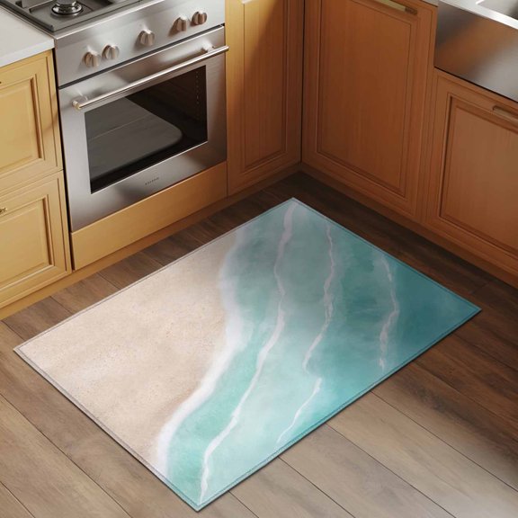 Summer Green Beach Wave 2x3 Rug for Entryway Front Door Kitchen Sink Area, Coastal Nautical Watercolor Gradient Ocean Low Pile Washable Non Slip Rectangle Area Rug