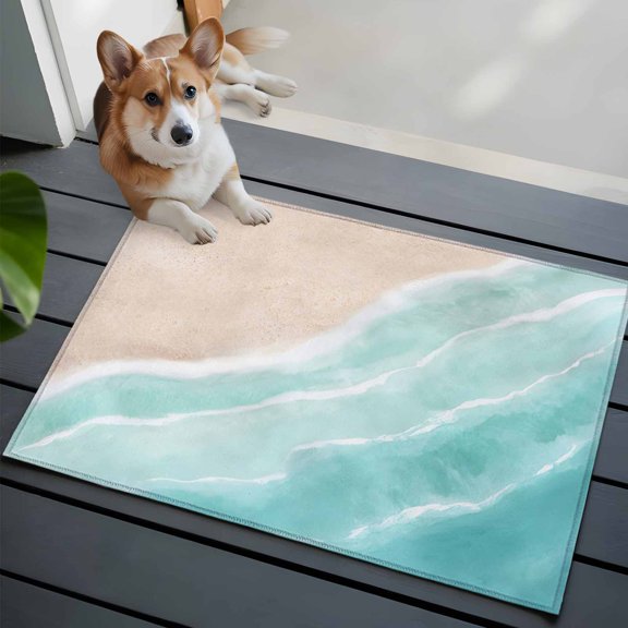Summer Green Beach Wave Front Door Rugs 2x3 ft Coastal Nautical Watercolor Gradient Ocean Small Rug for Entryway Non Slip Washable Bathroom Door Mat Absorbent Floor Mat for Indoor Entrance
