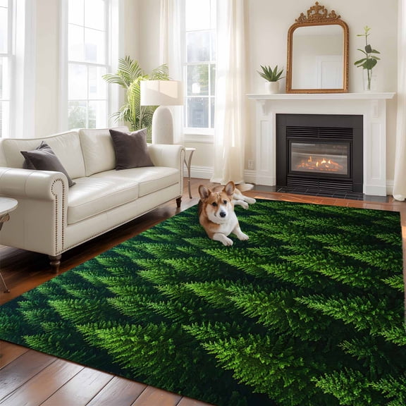 Summer Green Forest 5x7 Area Rugs for Living Room, Pine Trees Forest Landscape Style Non Slip Floor Mat Washable Low-Profile Indoor Carpet for Bedroom, Dining Room, Bathroom