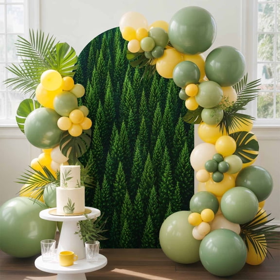 Summer Green Forest Arch Backdrop Cover, 4FT, Pine Trees Forest Landscape Art Spandex Arch Covers Double-Sided Backdrop for Wedding Birthday Party Photo Background Decoration