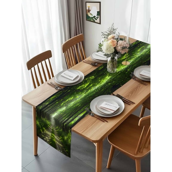 Summer Green Forest Jungle Table Runner 13x70in Non-Slip Cotton Linen Table Runners, Country Road Dresser Scarves TableRunner for Dinner Kitchen Dining Wedding Party