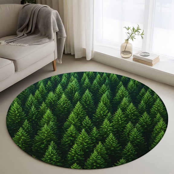 Summer Green Forest Round Rugs for Living Room 4ft Pine Trees Forest Landscape Style Non Slip Circle Rug Washable Low-Profile Indoor Carpet for Bedroom, Dining Room, Bathroom