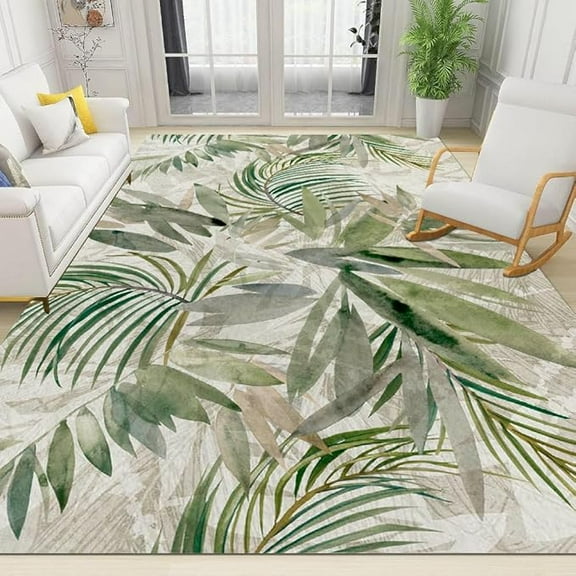 Summer Green Jungle Plants Area Rugs, Abstract Minimalist Forest Indoor Non-Slip Kids Rugs, Machine Washable Breathable Durable Carpet For Study Living Room Bedroom Decor 4 x 6ft