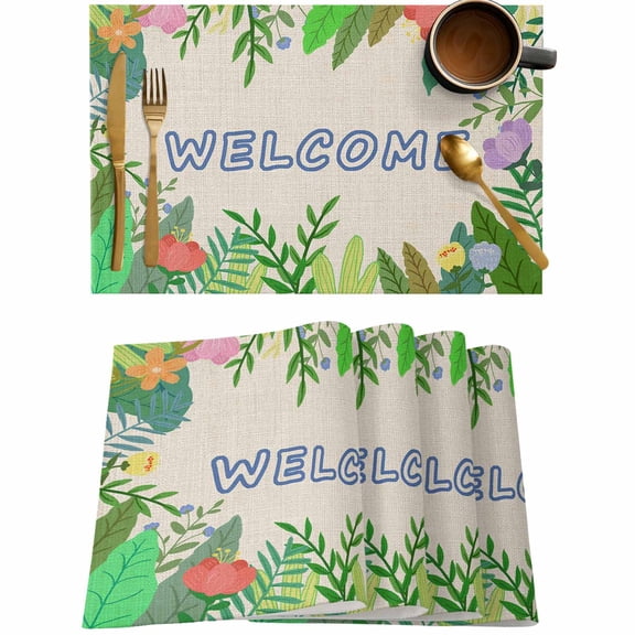 Summer Green Leaf Flower Welcome Quote Placemats Set of 4,Wipeable Washable Table Mats for Dining Tables,Watercolor Tropical Plants Vintage Cotton Place Mats for Kitchen Event Party Tabletop Decor