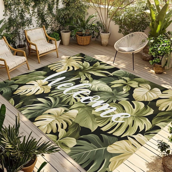 Summer Green Leaf Outdoor Rug 3x5 Ft - Reversible Patio Rug Outdoor Camping Rugs, Botanical Watercolor Tropical Plants Washable Indoor Outdoor Area Rugs, Non-Slip Outdoor Carpet Runner for Deck/Porch