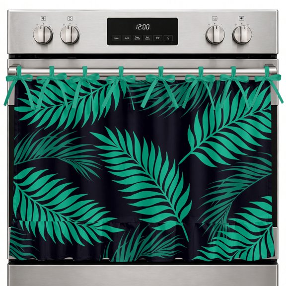 Summer Green Leaf Oven Skirt Curtain, 27x20 Inch Country Tropical Botanical Palm Leaves Black Kitchen Tie Top Oven Curtain for Door, Decorative Stove Skirt Dishwasher Cover With Ribbon Ties