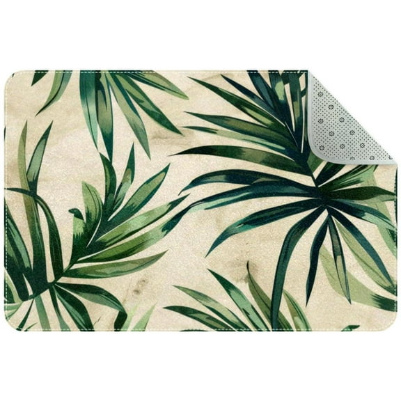 Summer Green Leaves Beige Background Small Area Rug, Non-Slip Door Mat Indoor Floor Mat, Washable Kitchen Rug Entrance DMat for Bedroom Living Room