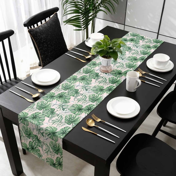 Summer Green Leaves Cotton Linen Small Table Runner 13 x 60 inch Ocean Starfish Tropical Plants Non-slip Rectangular Dining Table Decor for Wedding Party Holiday Dinner