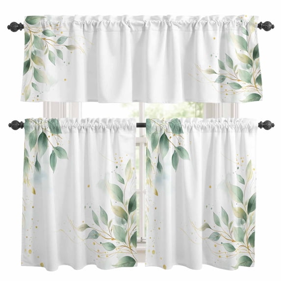 Summer Green Leaves Kitchen Curtains Sets for Windows 36 Inch Length, Pastoral Spring Country Plants Rod Pocket Window Treatments Tier Curtains and Valances Set for Bedroom/Bathroom