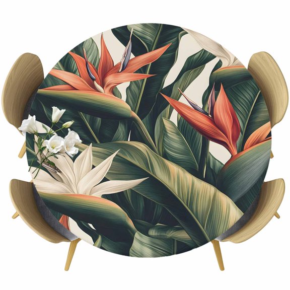 Summer Green Leaves Round Tablecloth 36-44 Inch Round Fitted Table Cloth with Elastic Edge, Botanical Flowers Leaf Plants Waterproof Table Cover Protector for Outdoor Picnic Party Dining