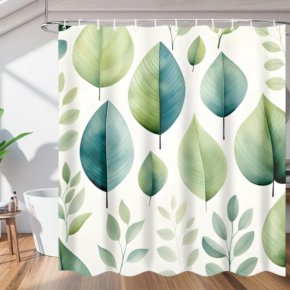 Summer Green Leaves Shower Curtain Sets, Washable Polyester Fabric, Botanical Bath Curtain for Bathroom Decor with Hooks 36"W x 72"H