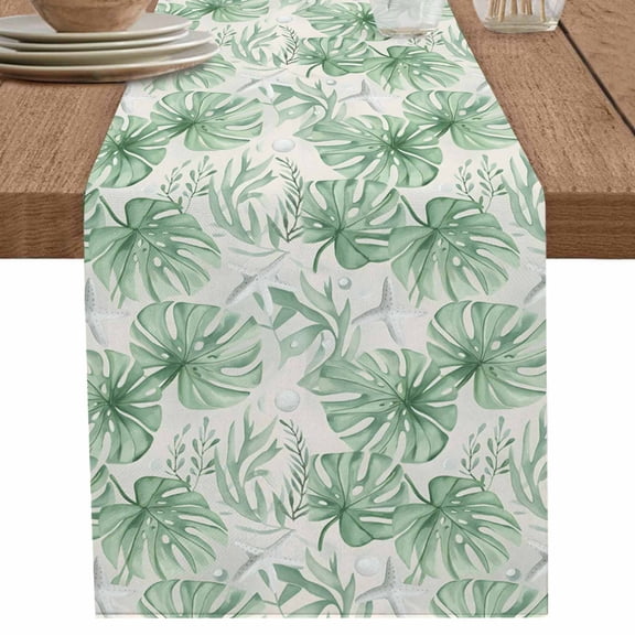 Summer Green Leaves Starfish Water Drop Table Runner-70 Inch Long Underwater World Table Runners Linen Burlap Tablerunner for Kitchen Dining Room Holiday Party