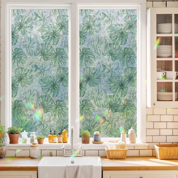 Summer Green Leaves Starfish Water Drop Window Privacy Film,Decorative Windows Static Cling Underwater World Heat Control Removable Glass Sticker for Home Bathroom Bedroom Window Door,17.7x39.3in