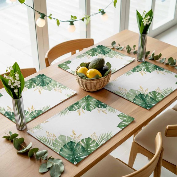 Summer Green Monstera Gold Leaf Placemats Set of 4,Wipeable Washable Table Mats for Dining Tables, Tropical Palm Leaves Place Mats for Kitchen Event Party Tabletop Decor
