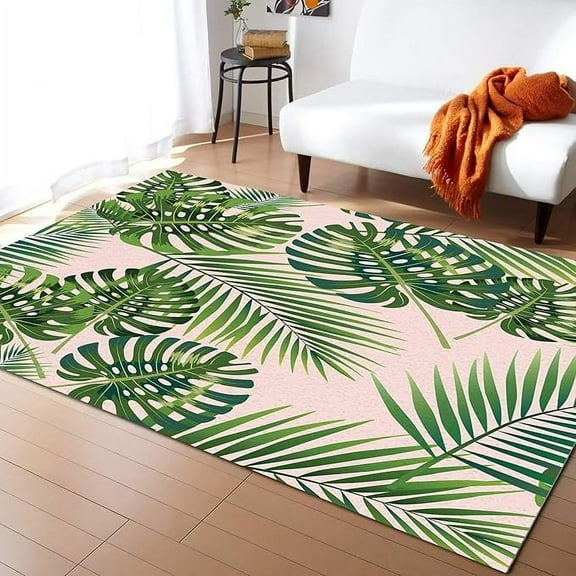 Summer Green Palm Leaf Area Rug, Rainforest Tropical Plants Home Decor Rug, Easy Clean Carpet With Anti-Slip Backing Durable For Bedroom Living Room Dining Room Office 3 x 5ft