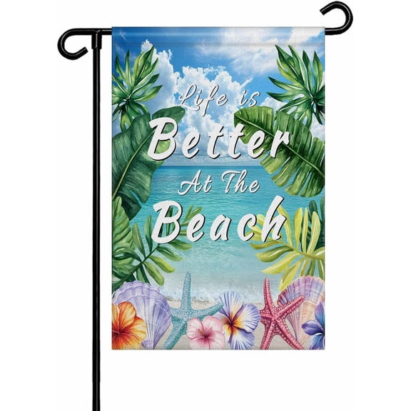 Summer Green Palm Leaf Garden Flags 12x18 Double Sided Outside Decoration Blue Ocean Sky Beach Starfish Conch Decorative Welcome Yard Flag Banners for House Home Patio Lawn Seasonal Outdoor Decor
