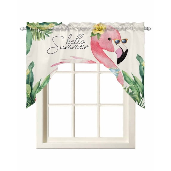 Summer Green Palm Leaf Kitchen Swag Valances for Windows, Pink Flamingo Tropical Plant Swag Valances Curtains for Living Room, Rod Pocket Window Treatments for Bathroom, Bedroom, Cafe, 56"x36"