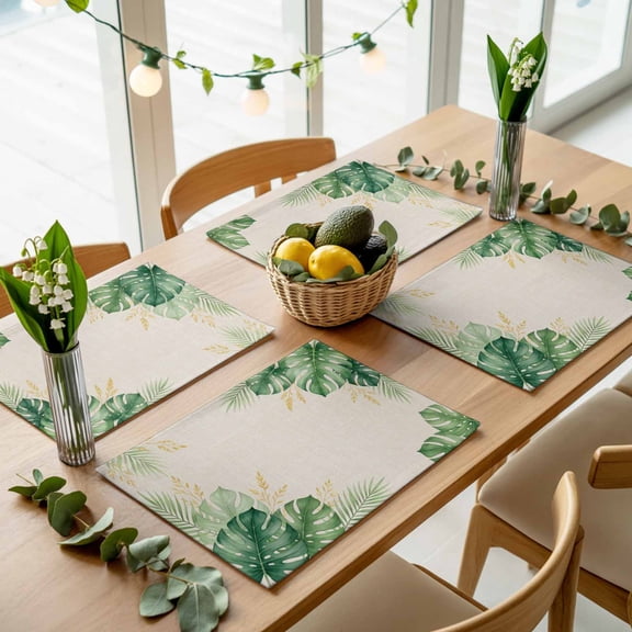 Summer Green Palm Leaf Placemats Set of 4,Wipeable Washable Table Mats for Dining Tables, Tropical Monstera Retro Linen Place Mats for Kitchen Event Party Tabletop Decor