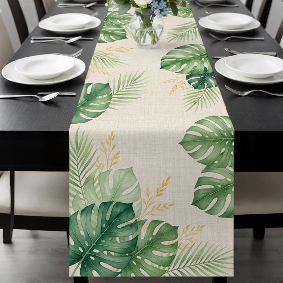 Summer Green Palm Leaf Table Runner 70 Inches Long,Kitchen Dining Tablerunners Tropical Monstera Retro Linen Table Runners Dresser Scarves for Home Dinner Wedding Holiday Party Decor
