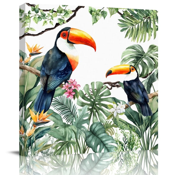 Summer Green Palm Leaf Toucan Canvas Artwork Painting Art, Tropical Leaves Watercolor Square Framed Wall Decorations Prints Picture for Bedroom Kitchen Living Room, 12x12 in