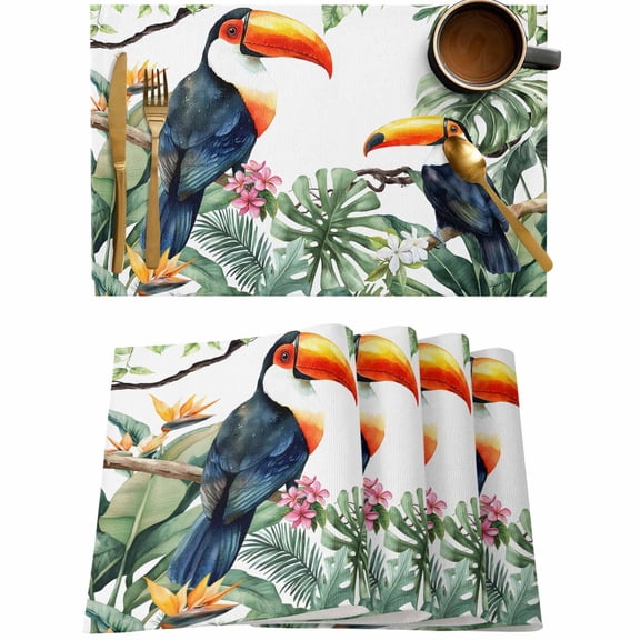 Summer Green Palm Leaf Toucan Placemats Set of 4,Wipeable Washable Table Mats for Dining Tables,Tropical Leaves Watercolor Place Mats for Kitchen Event Party Tabletop Decor