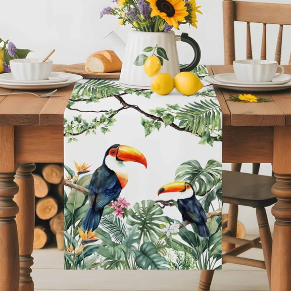Summer Green Palm Leaf Toucan Table Runner 36 Inches Long, Tropical Leaves Watercolor Table Runners Tabletop Scarf Kitchen Dining Tables Decoration for Home Party Indoor Outdoor