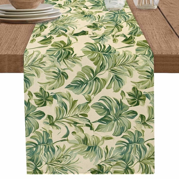 Summer Green Palm Leaves on Beige Table Runner-70 Inch Long Tropical Plant Table Runners Linen Burlap Tablerunner for Kitchen Dining Room Holiday Party