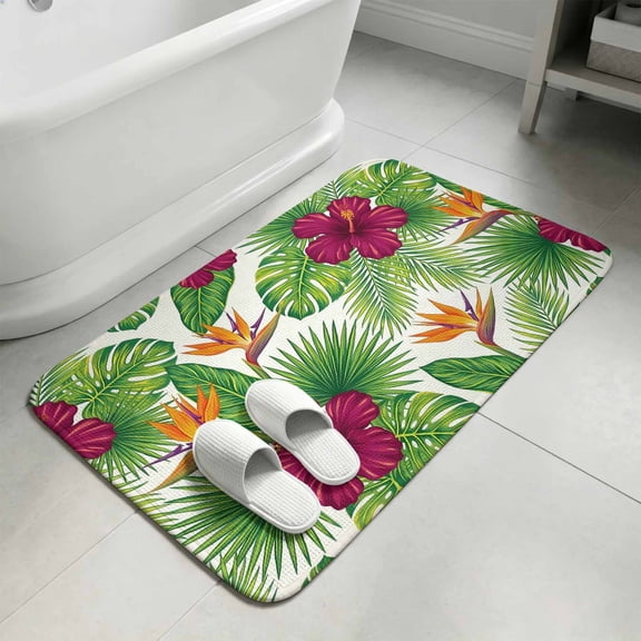 Summer Green Palm Tree Bathroom Rugs Non Slip Washable Bath Mat Absorbent Front Door Mat Red Flowers Boho Tropical Plants Indoor Doormat for Kitchen Entryway Shower Decor Accessories 15.7"x23.6"