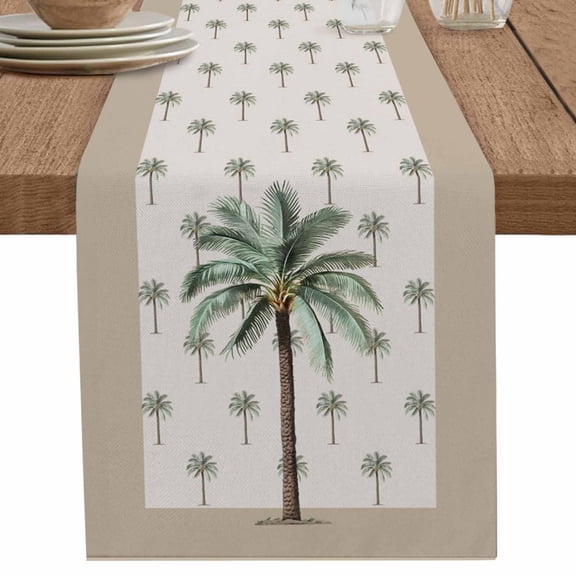 Summer Green Palm Trees on Brown Table Runner-36 Inch Long Tropical Coconut Table Runners Linen Burlap Tablerunner for Kitchen Dining Room Holiday Party