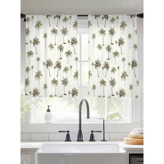 Summer Green Palm Trees on White Chiffon Sheer Curtains 45 Inches Long, Tropical Plants Seamless 2 Rod Pocket Window Treatment Voile Drapes Curtains for Living Room Bedroom,2 Panels, 52x45In